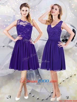 Custom Design Scoop See Through Purple Sleeveless Lace and Appliques Knee Length Bridesmaid Dresses