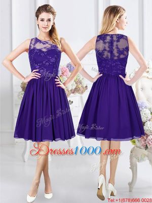 Custom Design Scoop See Through Purple Sleeveless Lace and Appliques Knee Length Bridesmaid Dresses