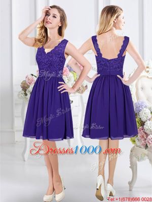 Custom Design Scoop See Through Purple Sleeveless Lace and Appliques Knee Length Bridesmaid Dresses