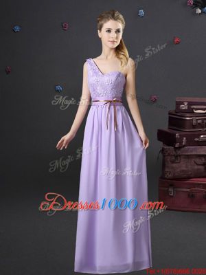 One Shoulder Floor Length Lavender Bridesmaid Dress Chiffon Sleeveless Lace and Appliques and Belt