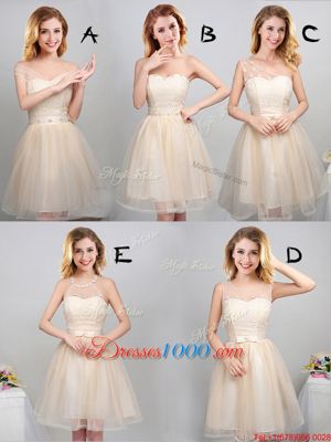 Graceful Off The Shoulder Sleeveless Bridesmaids Dress Mini Length Lace and Appliques and Belt Champagne Tulle