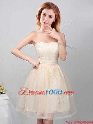 Graceful Off The Shoulder Sleeveless Bridesmaids Dress Mini Length Lace and Appliques and Belt Champagne Tulle
