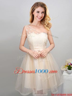 Graceful Off The Shoulder Sleeveless Bridesmaids Dress Mini Length Lace and Appliques and Belt Champagne Tulle