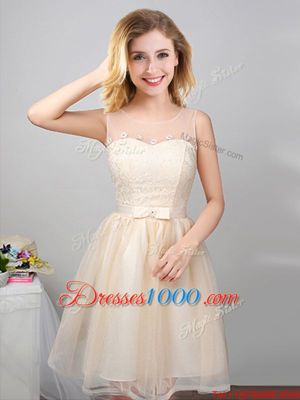 Graceful Off The Shoulder Sleeveless Bridesmaids Dress Mini Length Lace and Appliques and Belt Champagne Tulle