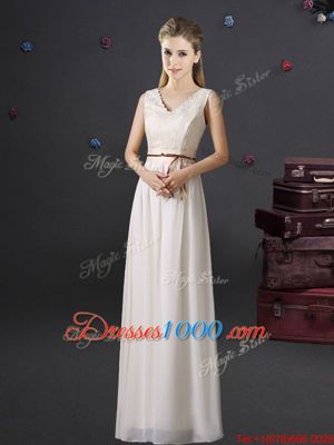 Low Price White Bridesmaids Dress Prom and Party and Wedding Party and For with Lace and Appliques and Belt V-neck Sleeveless Lace Up