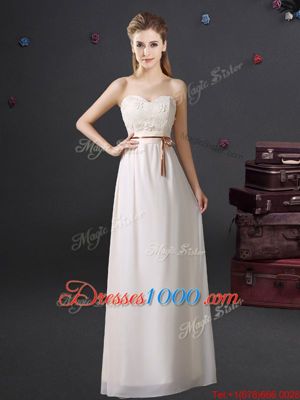 Low Price White Bridesmaids Dress Prom and Party and Wedding Party and For with Lace and Appliques and Belt V-neck Sleeveless Lace Up