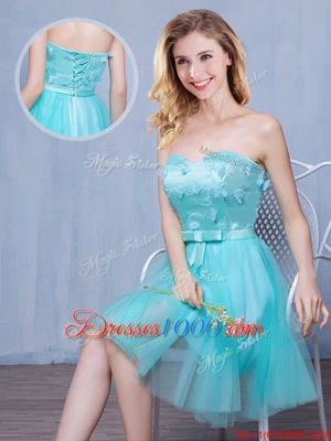 Flare Empire Wedding Guest Dresses Aqua Blue Scoop Tulle Sleeveless Knee Length Lace Up
