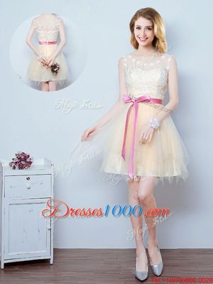 Scoop Mini Length Champagne Wedding Guest Dresses Tulle Sleeveless Lace and Appliques and Ruffles and Bowknot