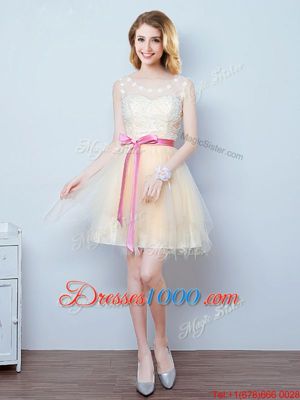 Scoop Mini Length Champagne Wedding Guest Dresses Tulle Sleeveless Lace and Appliques and Ruffles and Bowknot