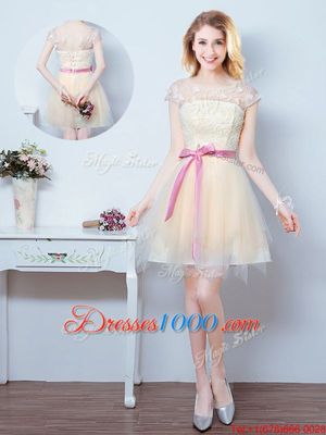 Edgy Champagne A-line Scoop Sleeveless Tulle Mini Length Lace Up Lace and Appliques and Ruffles and Bowknot Wedding Party Dress