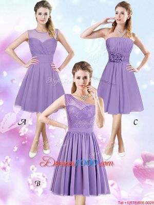 Trendy Scoop Lavender Sleeveless Knee Length Lace and Ruching and Hand Made Flower Zipper Bridesmaid Gown