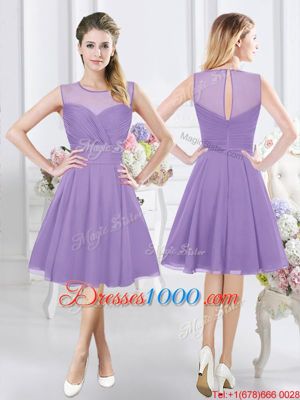 Trendy Scoop Lavender Sleeveless Knee Length Lace and Ruching and Hand Made Flower Zipper Bridesmaid Gown
