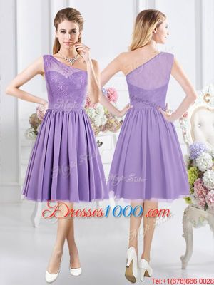 Trendy Scoop Lavender Sleeveless Knee Length Lace and Ruching and Hand Made Flower Zipper Bridesmaid Gown