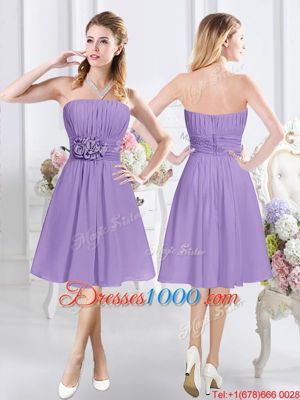 Trendy Scoop Lavender Sleeveless Knee Length Lace and Ruching and Hand Made Flower Zipper Bridesmaid Gown