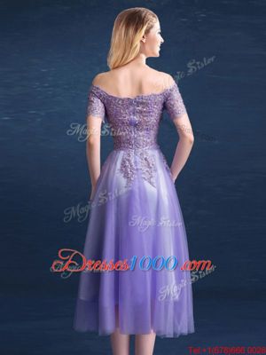 Customized Off the Shoulder Beading and Lace Bridesmaid Dresses Lavender Zipper Short Sleeves Tea Length