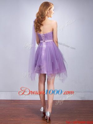One Shoulder Sleeveless Ruffles and Ruching and Belt and Hand Made Flower Lace Up Wedding Guest Dresses
