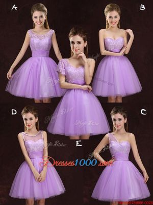 Modest Lilac A-line Scoop Sleeveless Tulle Mini Length Lace Up Lace and Ruching Bridesmaid Dress