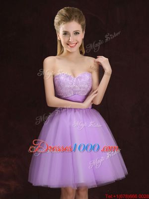 Modest Lilac A-line Scoop Sleeveless Tulle Mini Length Lace Up Lace and Ruching Bridesmaid Dress