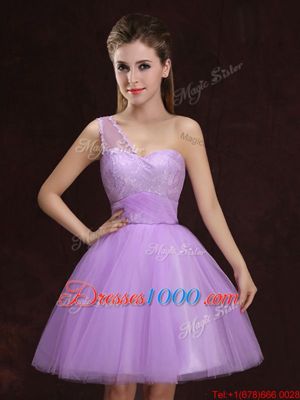 Modest Lilac A-line Scoop Sleeveless Tulle Mini Length Lace Up Lace and Ruching Bridesmaid Dress