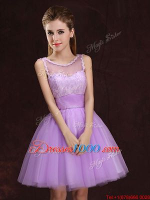 Modest Lilac A-line Scoop Sleeveless Tulle Mini Length Lace Up Lace and Ruching Bridesmaid Dress