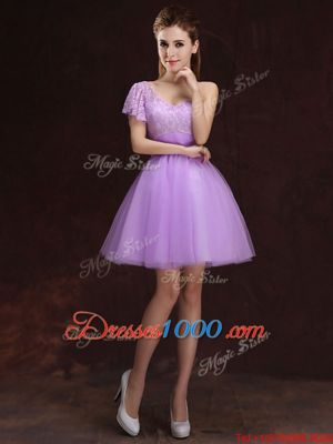 Modest Lilac A-line Scoop Sleeveless Tulle Mini Length Lace Up Lace and Ruching Bridesmaid Dress