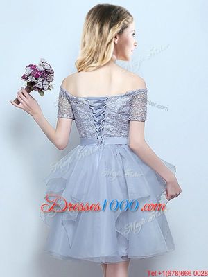 Unique Mini Length Grey Court Dresses for Sweet 16 Off The Shoulder Short Sleeves Lace Up