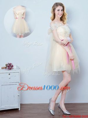 Off the Shoulder Mini Length Champagne Wedding Guest Dresses Tulle Short Sleeves Lace and Appliques and Ruffles and Bowknot