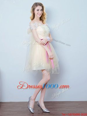 Off the Shoulder Mini Length Champagne Wedding Guest Dresses Tulle Short Sleeves Lace and Appliques and Ruffles and Bowknot