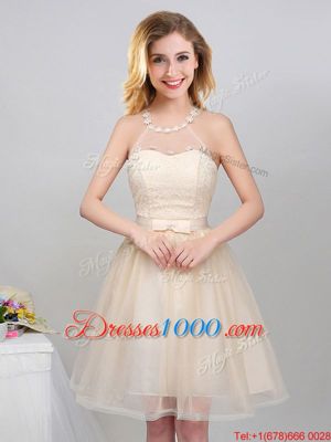 Traditional Champagne Wedding Party Dress Prom and Party and Wedding Party and For with Lace and Appliques and Belt Halter Top Sleeveless Lace Up