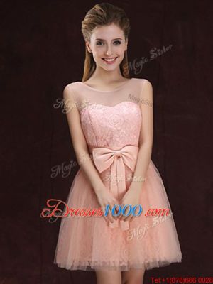 High Quality Scoop Tulle and Lace Sleeveless Mini Length Bridesmaids Dress and Lace and Bowknot