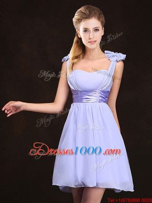 Straps Straps Lavender Sleeveless Ruching and Bowknot Mini Length Bridesmaid Gown