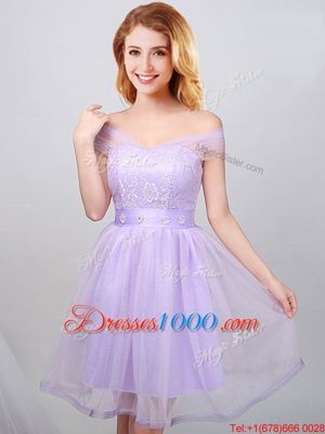 Off the Shoulder Lavender Short Sleeves Lace and Appliques and Belt Mini Length Wedding Guest Dresses