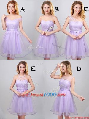 Off the Shoulder Lavender Short Sleeves Lace and Appliques and Belt Mini Length Wedding Guest Dresses