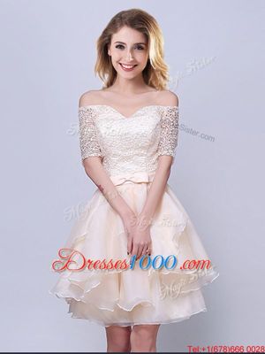 Champagne A-line Organza Off The Shoulder Short Sleeves Lace and Ruffles and Belt Mini Length Lace Up Bridesmaid Dresses