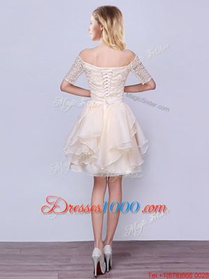 Champagne A-line Organza Off The Shoulder Short Sleeves Lace and Ruffles and Belt Mini Length Lace Up Bridesmaid Dresses