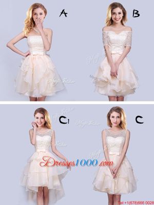 Champagne A-line Organza Off The Shoulder Short Sleeves Lace and Ruffles and Belt Mini Length Lace Up Bridesmaid Dresses