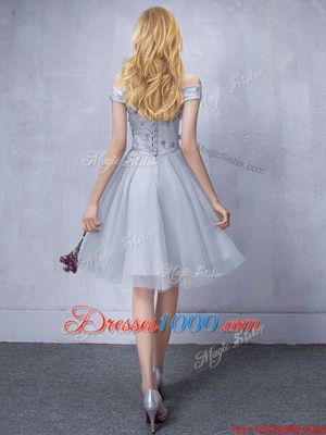Noble Grey Off The Shoulder Lace Up Appliques and Belt Bridesmaid Dresses Sleeveless
