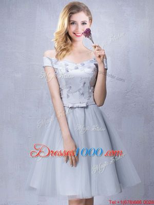 Noble Grey Off The Shoulder Lace Up Appliques and Belt Bridesmaid Dresses Sleeveless