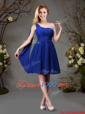 Trendy One Shoulder Royal Blue Empire Beading and Ruching Bridesmaid Dresses Zipper Chiffon Sleeveless Mini Length