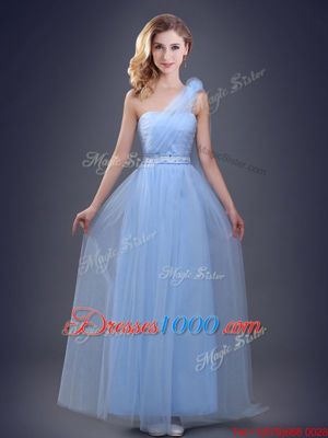 One Shoulder Sleeveless Bridesmaids Dress Floor Length Beading and Ruching and Hand Made Flower Light Blue Tulle