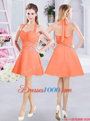 Spectacular Halter Top Sleeveless Bridesmaids Dress Mini Length Ruching Orange Chiffon