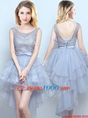 Delicate A-line Bridesmaid Dress Grey Scoop Organza and Lace Sleeveless High Low Lace Up