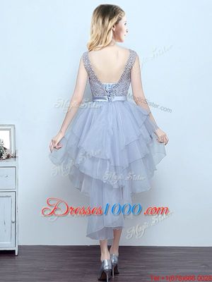 Delicate A-line Bridesmaid Dress Grey Scoop Organza and Lace Sleeveless High Low Lace Up