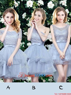 Delicate A-line Bridesmaid Dress Grey Scoop Organza and Lace Sleeveless High Low Lace Up