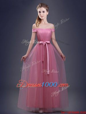 Off the Shoulder Floor Length Pink Bridesmaids Dress Tulle Sleeveless Ruching and Bowknot