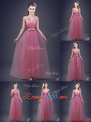 Off the Shoulder Floor Length Pink Bridesmaids Dress Tulle Sleeveless Ruching and Bowknot