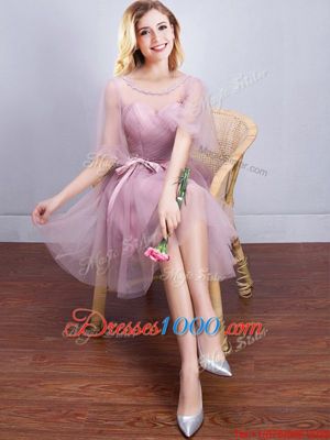 Lovely Scoop Mini Length A-line Half Sleeves Pink Wedding Party Dress Lace Up