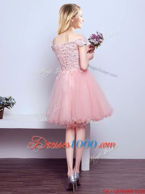 Off the Shoulder Pink Sleeveless Mini Length Beading and Lace Lace Up Vestidos de Damas