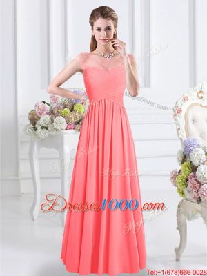 Deluxe Chiffon Scoop Cap Sleeves Zipper Lace and Ruching Bridesmaid Dresses in Watermelon Red