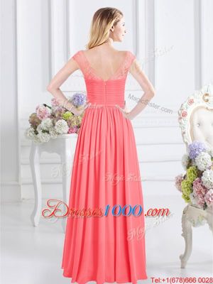 Deluxe Chiffon Scoop Cap Sleeves Zipper Lace and Ruching Bridesmaid Dresses in Watermelon Red
